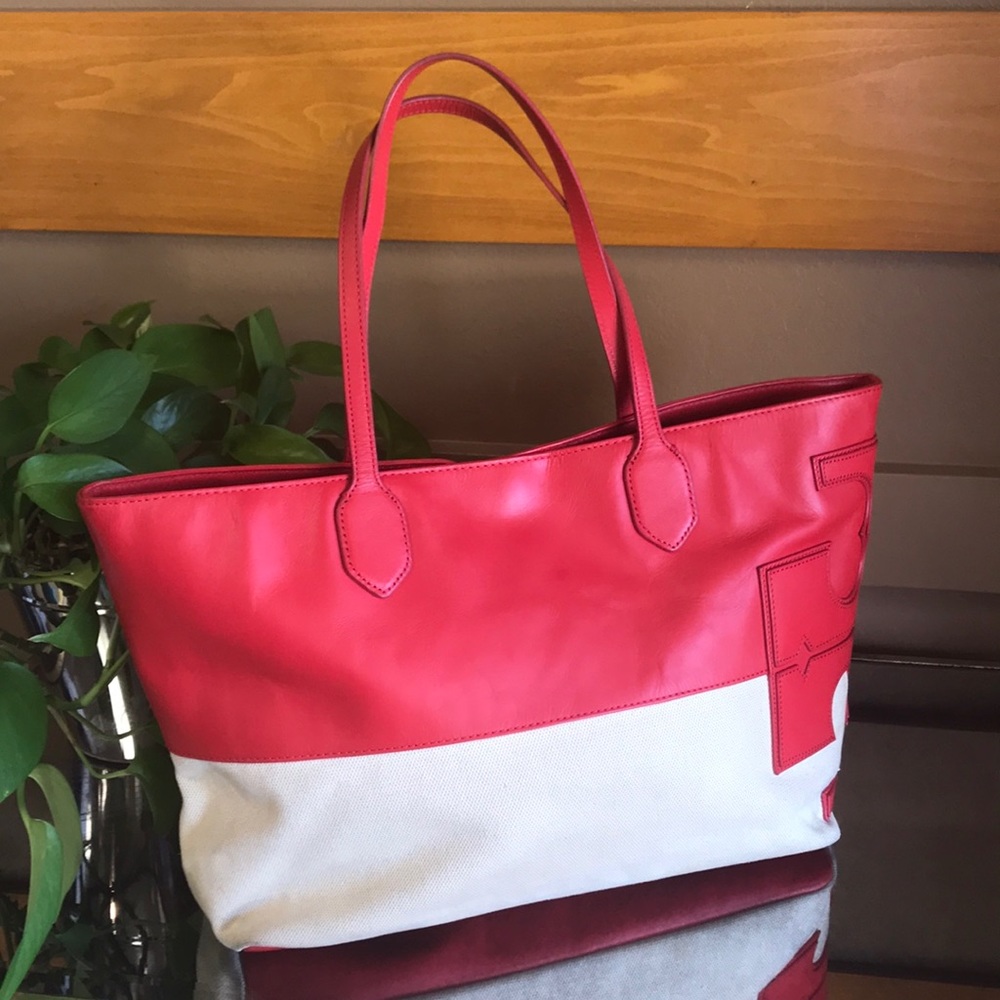 Tory Burch red leather and tan canvas tote